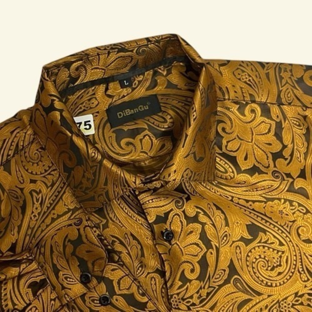 NWOT DiBanGu Gold/Brown Paisley Long Sleeve Button Up Oriental Shirt Men L China